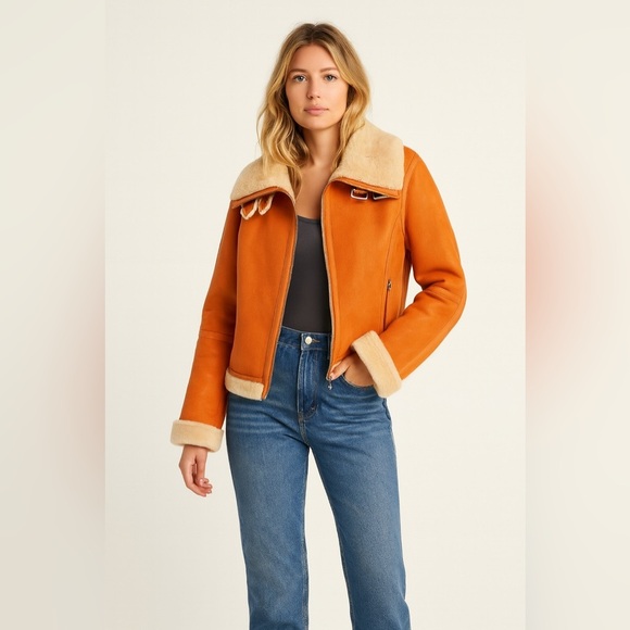 Escada Sport Lambskin Leather Shearling Lined Moto Jacket Orange sz Medium - Picture 1 of 10